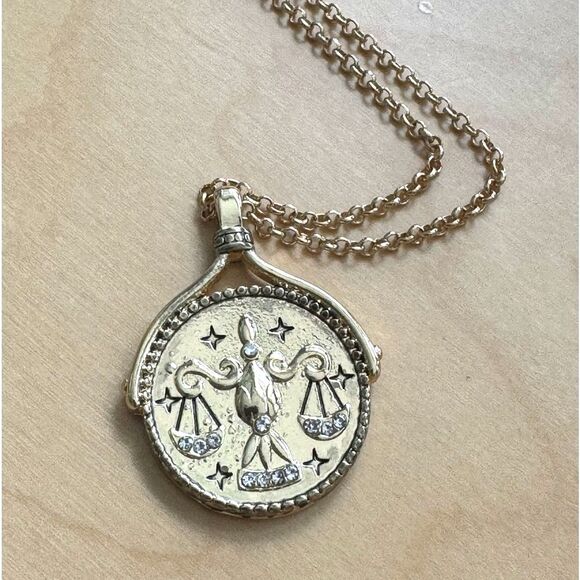 Libra Zodiac Sign Blue Crystal Medallion Pendant Necklace - Picture 2 of 8